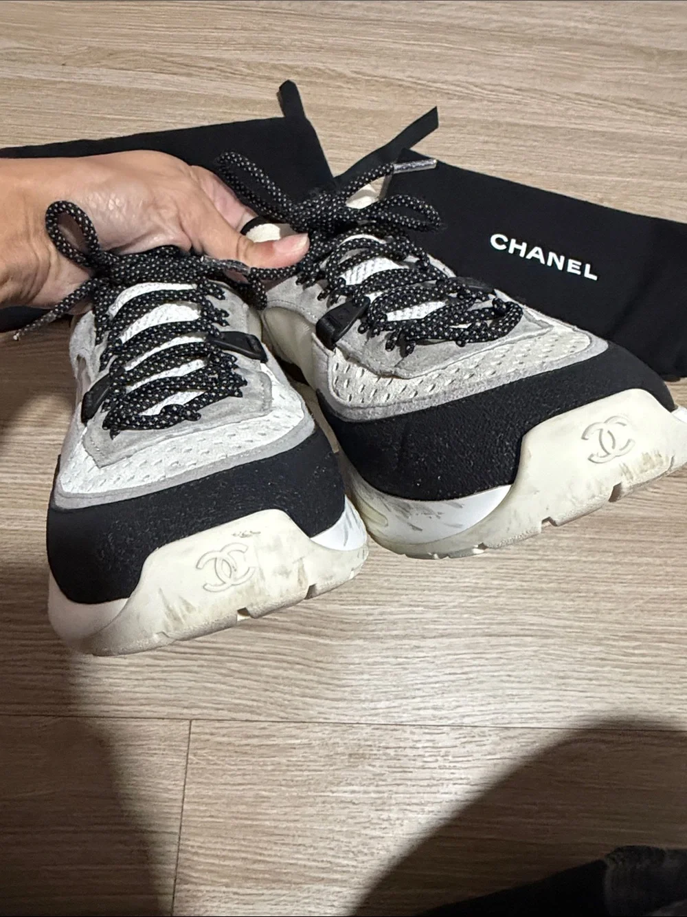 CHANEL Black, White & Pink Tennis Shoes With 2 Dustbags For Each Shoe